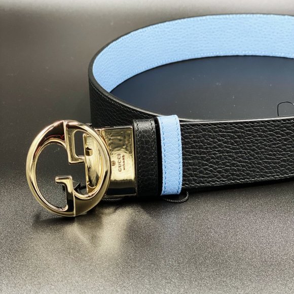 Gucci Black Leather Belt with Gold Buckle and Blue Interior - Picture 6 of 13